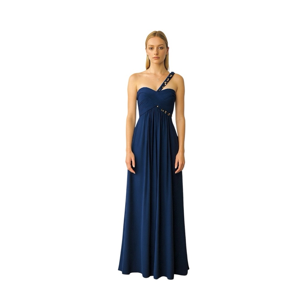 BCBGMaxAzria silk Navy blue Dress with Gold Accents One-Shoulder Evening Gown